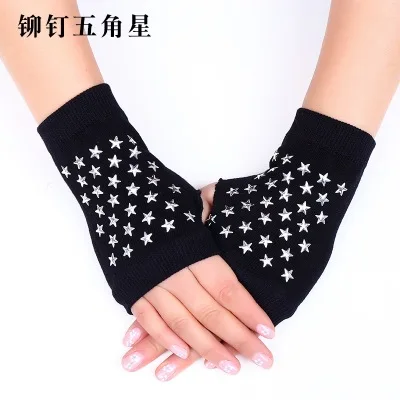Sailor dance gloves Rivet wool gloves spring and autumn black half-finger gloves show gloves White rivets-B