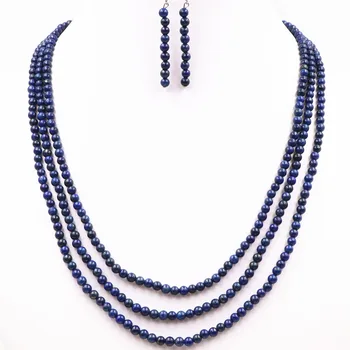 

Natural Stone Lapis Lazuli Beads Necklace Earrings Jewelry Set for Women Jaspers 4mm Round Statement Party Weddings 17-19inch