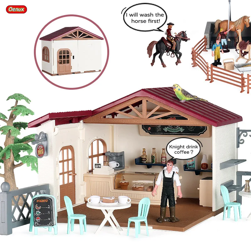 

Oenux Simulation Farm Stable House Cafe Rider Action Figure PVC Horse Cow Animal Model School Project Playset Toy Kid Gift