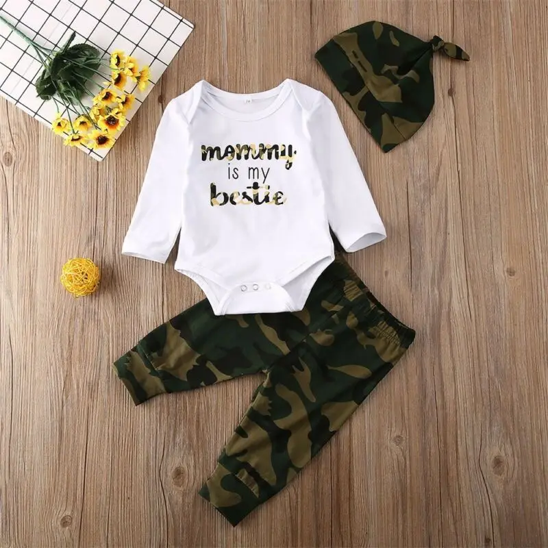 Комбинезон Mommy Is Bestie для новорожденных и маленьких мальчиков и девочек, камуфляжные штаны, штаны, шапка, комплект одежды для новорожденных, комплекты из 3 предметов для детей 0-18 месяцев