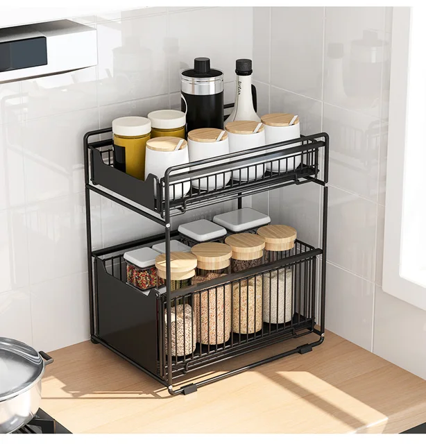 NETEL 2 Packs Under Sink Organizer, 2-Tier Pull Out Sliding Cabinet Basket  Organizer, Under Bathroom Storage Rack With Adhesive Nano Film, Height