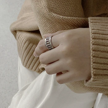 

Unique Big Cable Chain Open Ring 100% 925 Sterling Silver Interlocking Rope Circle Adjustable Ring Retro Elegant Women Ring