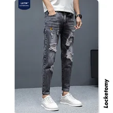 

Men's Ripped Jeans Black Trendy Brand Irregular Ripped Slim Nine-point Pencil Pants Fashion Streetwear Men's джинсы для мужчин