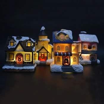 

LED Lighting Snow Houses Desktop Ornament Christmas Decoration for New Year Kids Gift Resin Christmas Scene Village