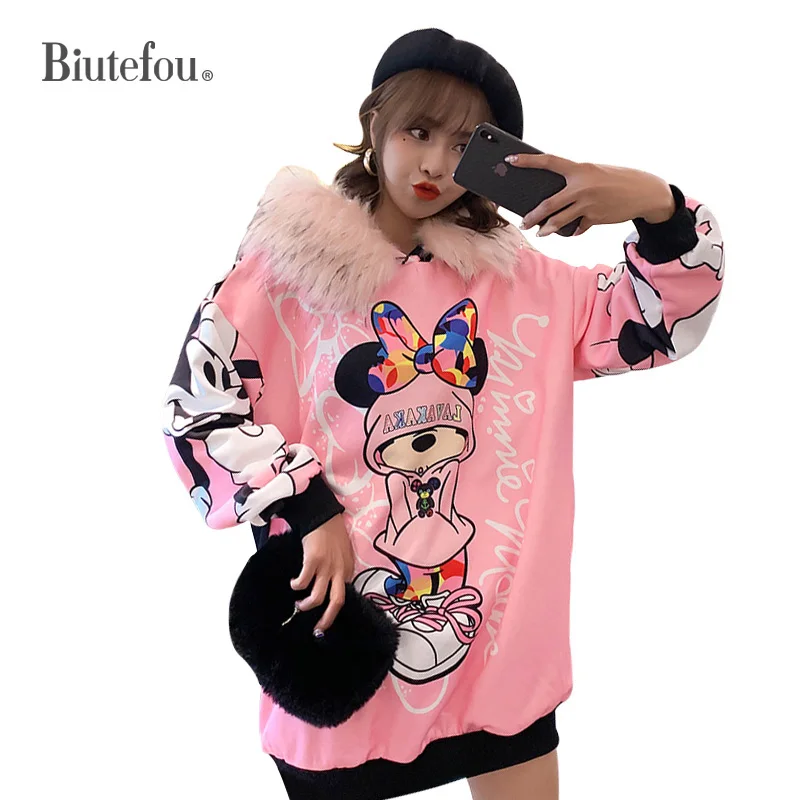  2019 Autumn and winter fur collar cartoon print sweatshirts fashion women velvet hooded sweatshirts