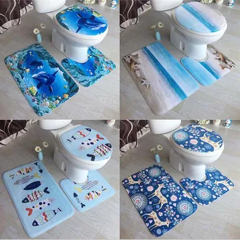 

3PCS 3D Sea Bath Mat Rug Set Anti-slip Bathroom Floor Mat Pedestal Rug With Toilet Lid Cover