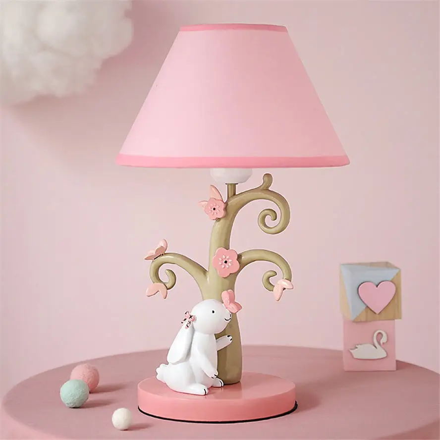 Ins милый кролик сладкий стиль ткань смолы настольная лампа розовый Девушка Спальня деко Детские прикроватные лампы led настольная подставка светильник