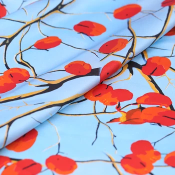 

Red Persimmon Print Stretch Satin Silk Fabric Diy Dress Material