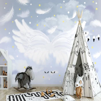 

Photo Wallpaper Nordic Hand-painted Fantasy Feather Wings Starry Sky Mural Children's Room Interior Background Wall 3D Wallpaper