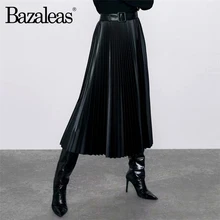 Bazaleas Элегантная черная юбка миди из искусственной кожи винтажная плиссированная юбка в клетку с бантом модные женские юбки с поясом