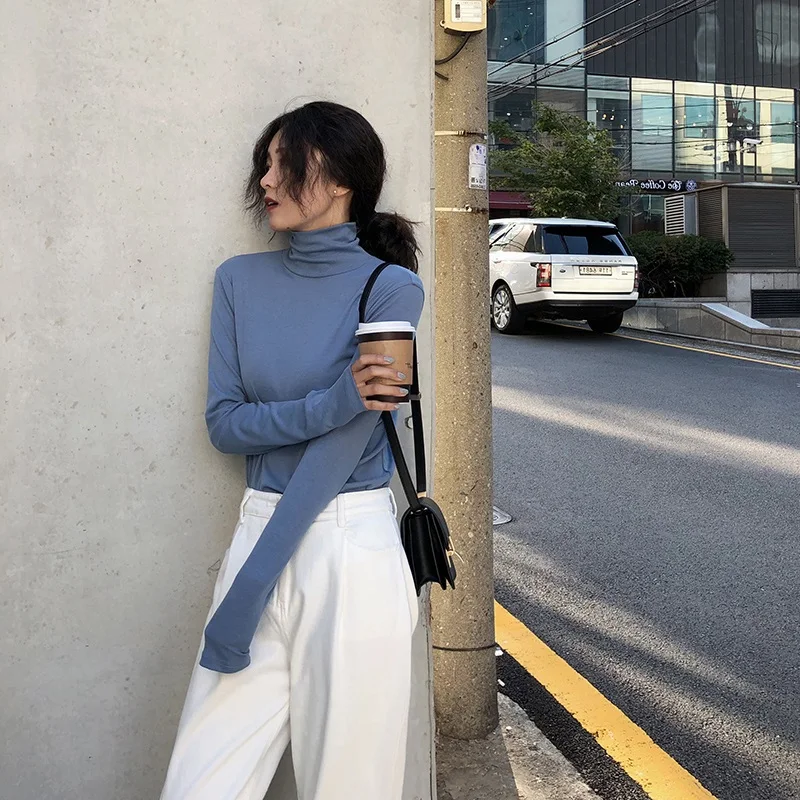 Harajuku, одноцветная футболка, Женская весенне-осенняя футболка, Корейская водолазка, тонкий длинный рукав, 90 s, черные белые футболки