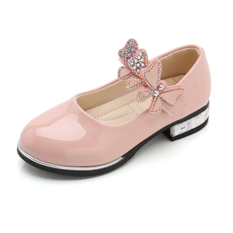 Girls Leather Shoes 2022 Spring Summer PU Patent Leather Kids Dress Shoes High Heels Butterfly-knot Dress Shoes for Wedding Chic children's shoes for high arches