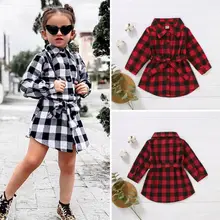 Красная рубашка в клетку для маленьких девочек Рождественская одежда вечерние мини-платья с длинными рукавами и поясом детское хлопковое рождественское платье для девочек От 1 до 5 лет