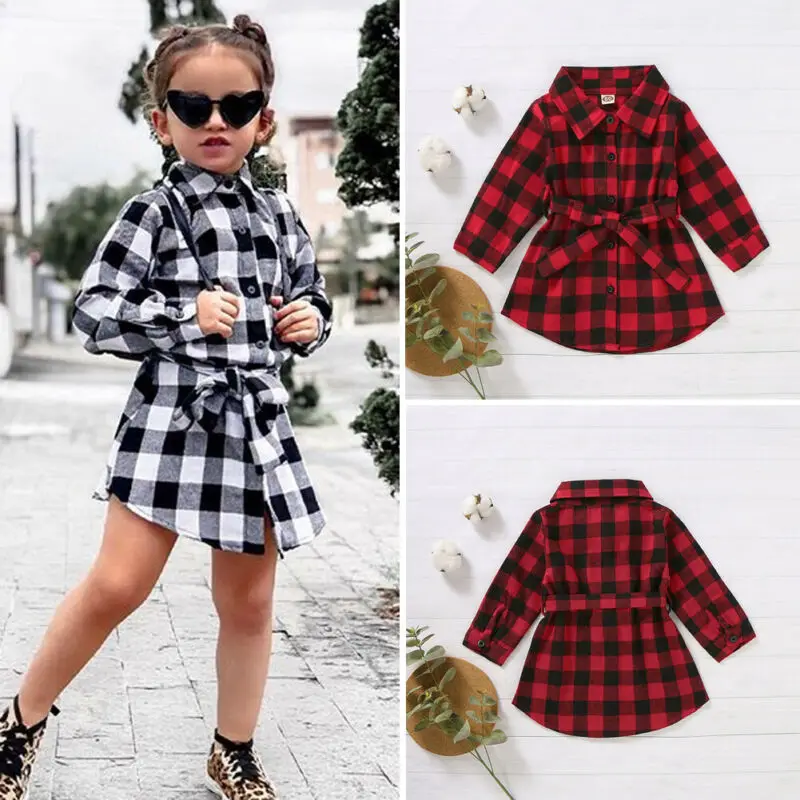 

Kids Baby Girl Red Plaids Shirt Dress Christmas Clothes Party Long Sleeve Waistband Mini Dress Child Girl Cotton Xmas Dress 1-5Y