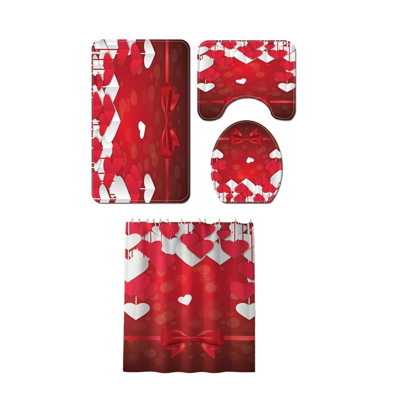 

4Pcs Non-Slip Toilet Cover Cover Set Bathroom Shower Curtain Door Cushion Decorative Toilet Seat Water Tank Cover Carpet Red