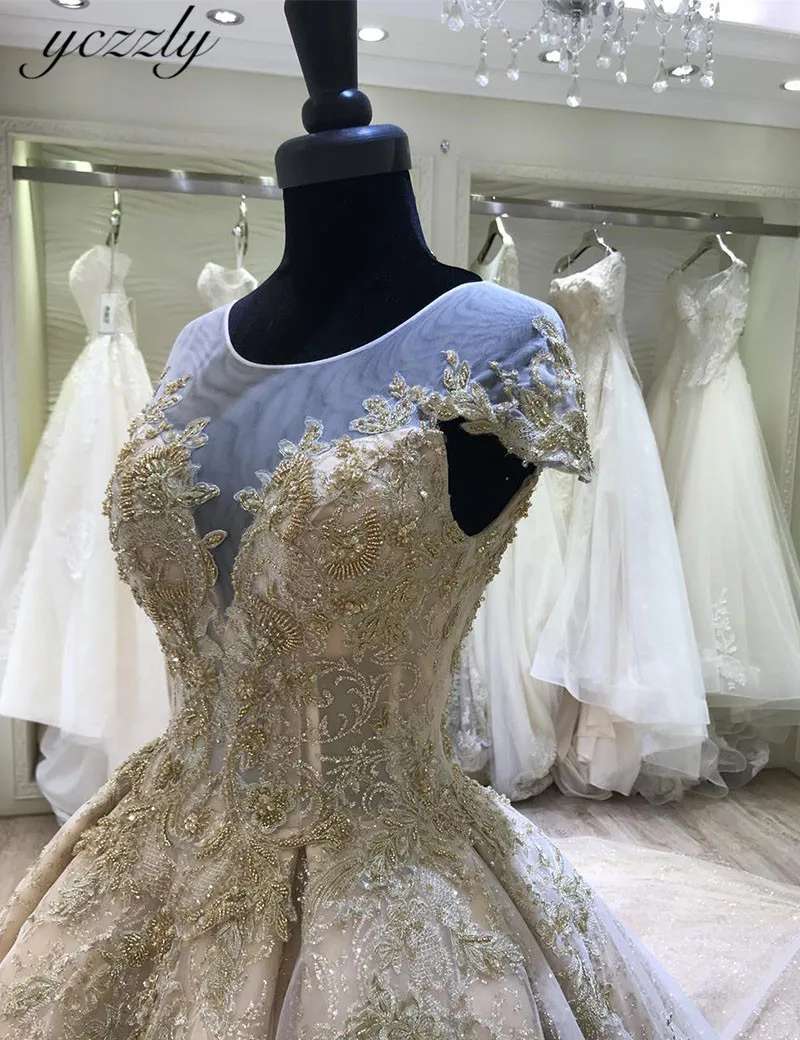 Abiti Da Sposa роскошное блестящее бальное платье с кружевом, бисером, кристаллы для свадебного платья с рукавами, цвета шампанского, золотого, арабского цвета, платье для невесты YW90