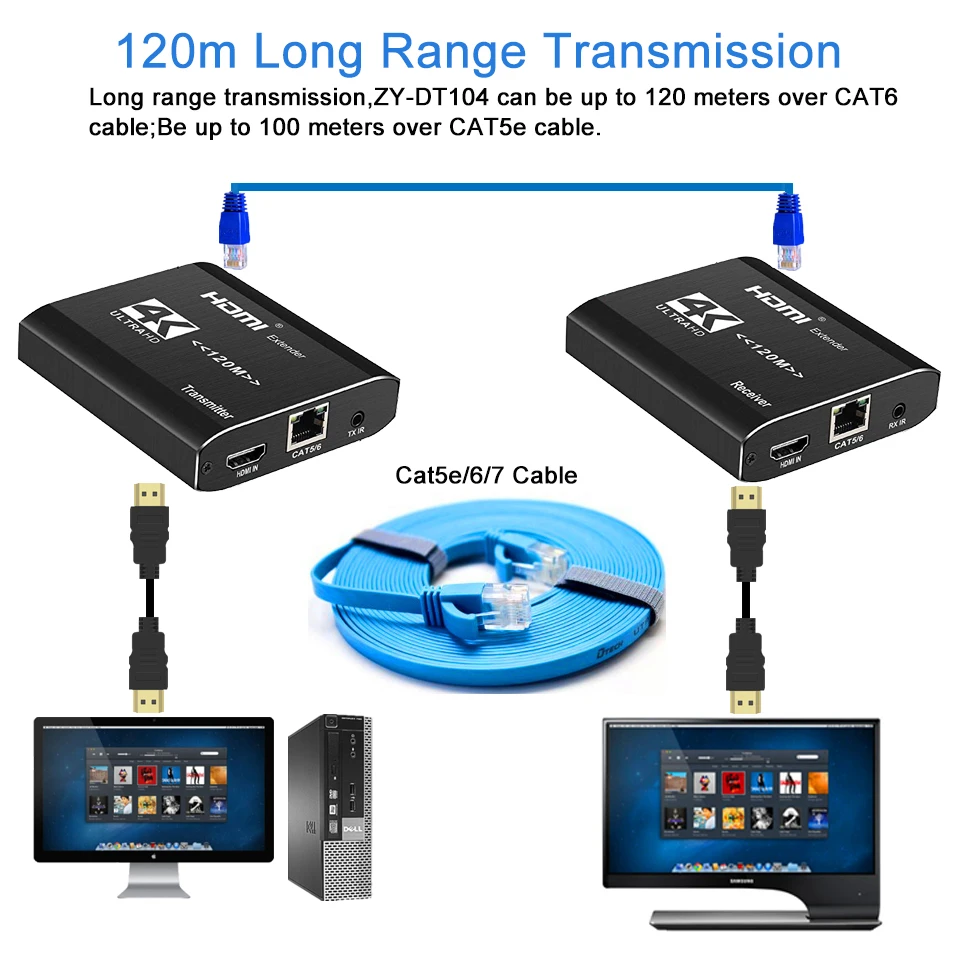 4K HDMI Extender IR 120m HDMI Extender RJ45 3D HDMI Extender Transmitter Receiver Over Cat5e/Cat6 Cable for PS4 Apple TV