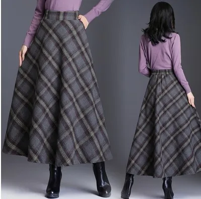 Женская длинная клетчатая юбка с высокой талией, женские длинные юбки, Осень-зима, трапециевидные повседневные Элегантные Красивые плотные теплые шерстяные юбки - Цвет: Deep Gray