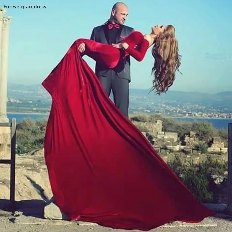 Long Sleeves Velvet Burgundy Mermaid Prom Dresses Off-Shoulder Belt Long Train Formal Sexy Evening Gowns 129 (2)