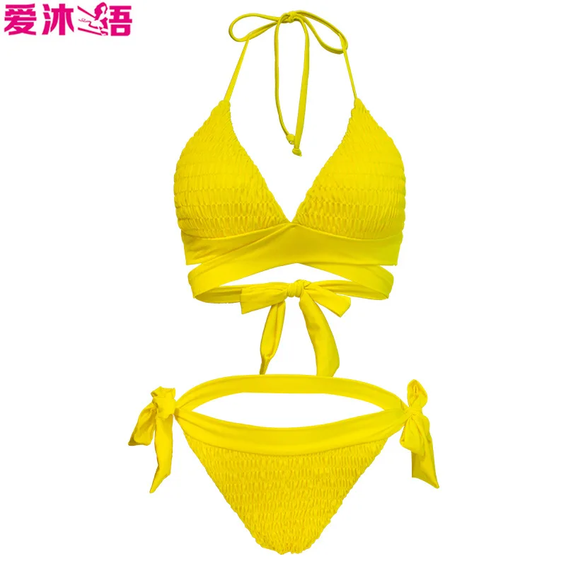 

Europe And America Bikini Set Triangular Bikini Lace-up Swimwear Sexy Split Type Large Size Bathing Suit Women's Solid Color
