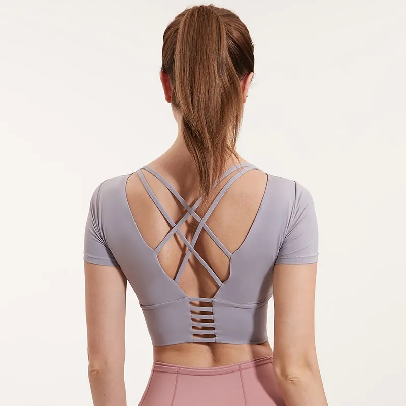Vansydical Tight Yoga Shirts Women Short Sleeve Cropped Gym Tops Fitness Running Workout Sport T-Shirts Sports Wear With Padded
