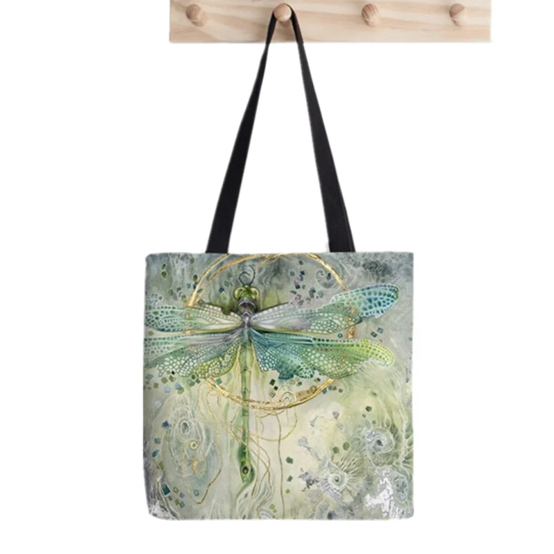 2021 Shopper Green Dragonfly Tote Bag Print Tote Bag women Harajuku shopper handbag girl Shoulder shopping bag Lady Canvas Bag