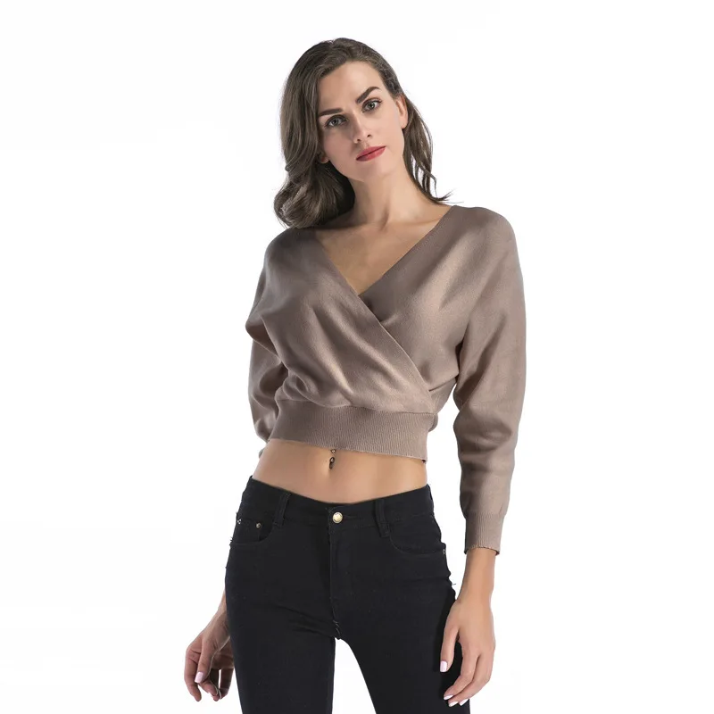 

Women's Cross Knitted Sweater Autumn Winter Female's Fashion Batwing V-neck Short Casual Crop Ladies Bare Midriff Knitting Shirt