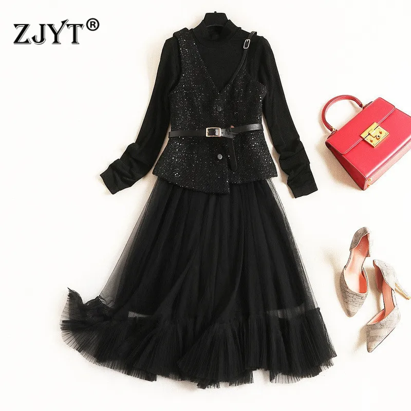 

Fashion Fall Winter Runway Dress Women 2019 Elegant Woolen Vest+High Neck Knitted Patchwork Tulle Dress 2piece Sets