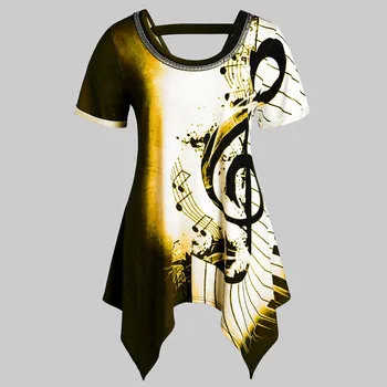 

Irregular Hem T-shirt Women Asymmetrical Melody Notes Printing Fashion Tops Tees Short-sleeved Casual Summer Top Tshirt