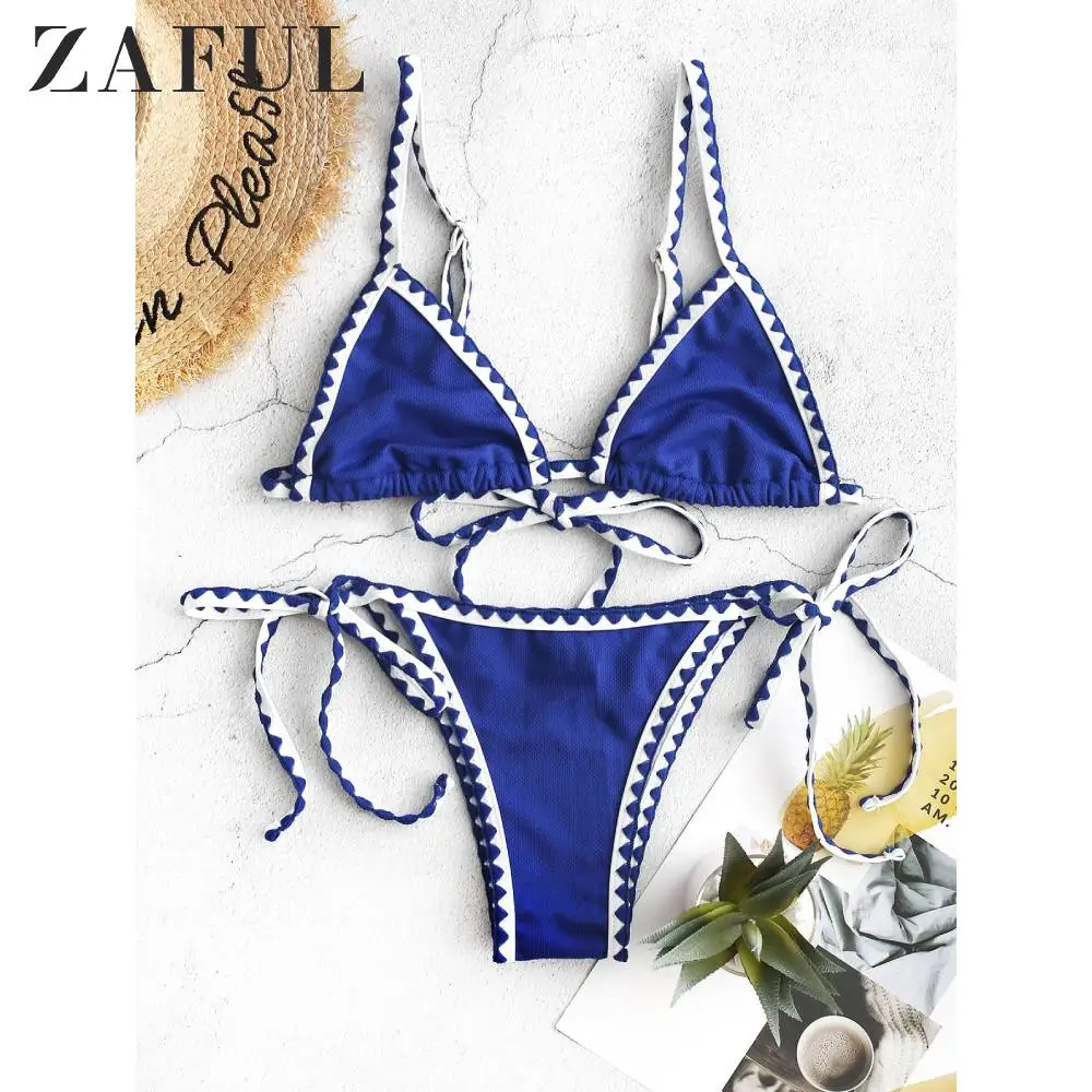  ZAFUL Textured Whip Stitch Bralette Bikini Swimwear For Women Low Waisted Spaghetti Straps String T