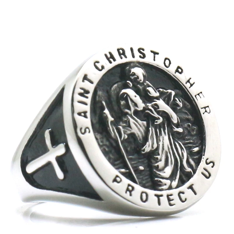 St Christopher Protect Us Stainless Steel Ring