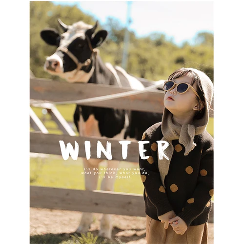 Детский свитер трикотажный топ в горошек с длинными рукавами для мальчиков и девочек Новинка года, осенне-зимняя повседневная хлопковая рубашка для девочек - Цвет: coffee
