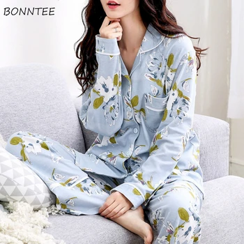 

Pajama Sets Women 2020 Spring High Quality Comfortable Elegant Cotton Single Breasted Female Homewear Cartton Ulzzang Sleepwear