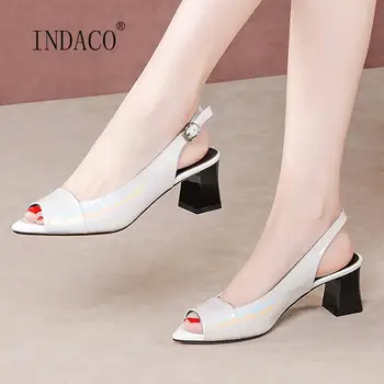 

2020 New Women Sandals Peep Toe Sandals Patent Leather Back Strap High Heel Summer Shoes Wedding Shoes 5.5CM Plus Size 42