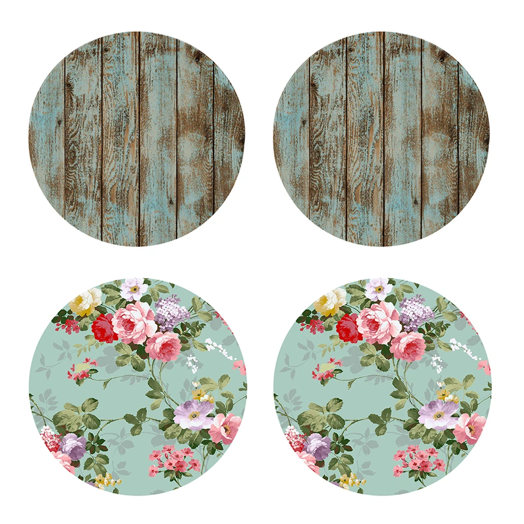 2Pcs Table Cover Round Tablecloth Floral&Shabby Wood Pattern Reusable Polyester Home Kitchen Decoration