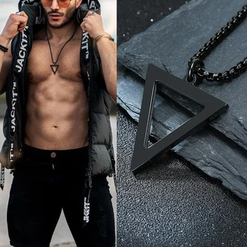 BLACK TRIANGLE NECKLACE FOR MEN STAINLESS STEEL CHAIN MENS GEOMETRIC PENDANT NECK JEWELRY