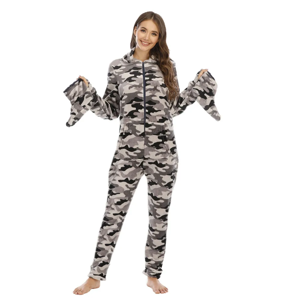 Women Fleece Printed Footed Hooded Onesie Abdl One Piece Sleeper Jumpsuit Adult Pajamas