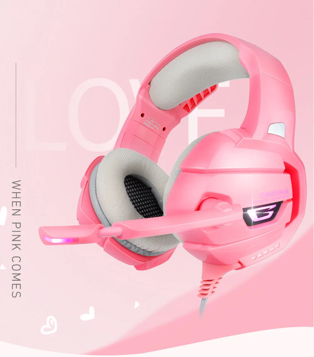 ONIKUMA PS4 игровая гарнитура Grils розовые стерео наушники с микрофоном светодиодный свет для Xbox One/телефона/ноутбука планшета геймера