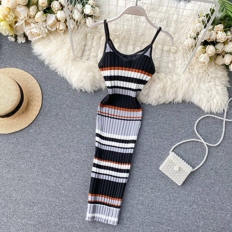 Vintage 2020 V Neck sexy striped print Slim Bodycon Knitted short Dress Summer Party Women spaghetti strap dress Club dresses