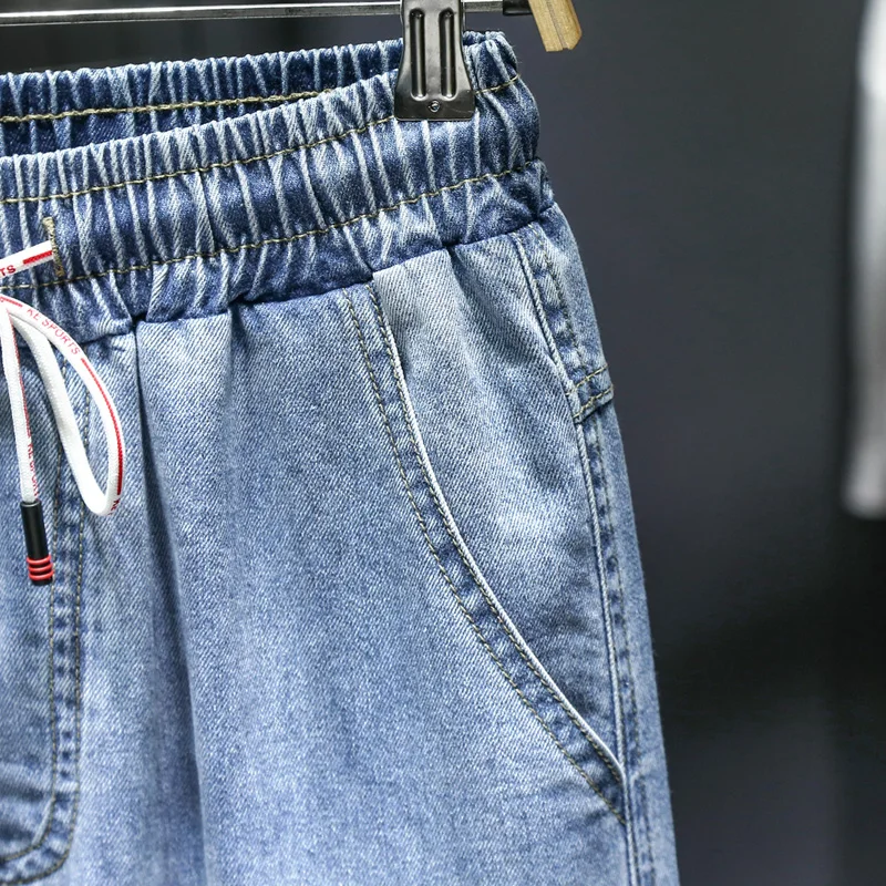 80% OFF Denim Cotton Stretch Casual Jeans Overalls  Men's Clothing Man Large Size Ankle pants multi-pocket Drawstring trousers blue 7XL