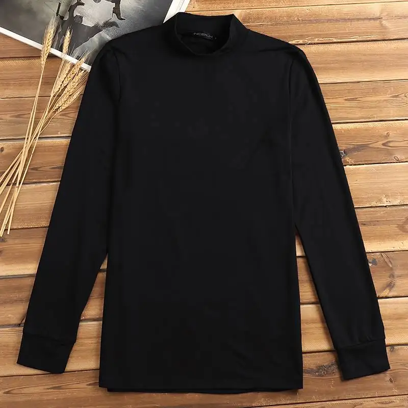 Black INCERUN Basic Loungewear термобелье, топы, теплые, мужское новое нижнее белье с длинным рукавом, водолазка, однотонная, облегающая футболка S-5XL - Цвет: Black