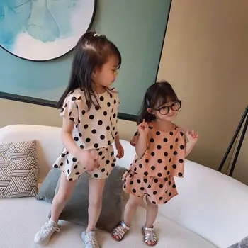 

2020 Children Wear Spring and Summer Short Sleeve Casual Dot Tops with Shorts Set Girls and Boys Cotton Two Pieces Suits
