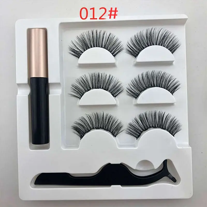 professional 3 Pairs False Eyelashes Set With Tweezer Makeup Kits Magnetic Eyeliner Liquid Thick And Curled Eyeashes - Color: A2