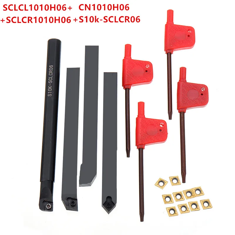 Barra com 10 Inserções de Carboneto + 4 Haste Torno Torneamento Ferramenta Titular Chato Pçs Ccmt060204 Chaves t8 10mm