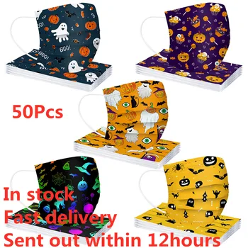 

50Pcs Halloween Disposable Masks For Adults 3 Layers Non-woven Fabric Face Mouth Cover Mascarillas Mixed Pattern Masks Mondkapje