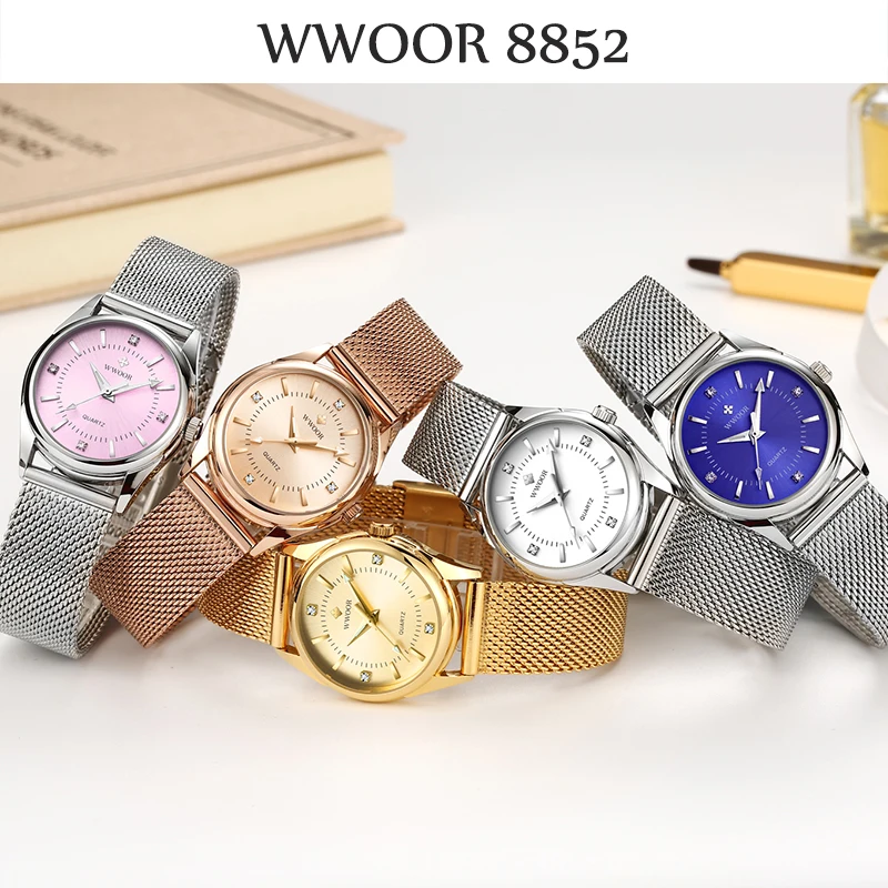 WWOOR Dress Gold Watch Ladies Elegant Diamond Small Quartz Wrist Watches For Women Steel Mesh Clock zegarek damski womens quartz watch womens watch quartz watch women watches quartz watch set