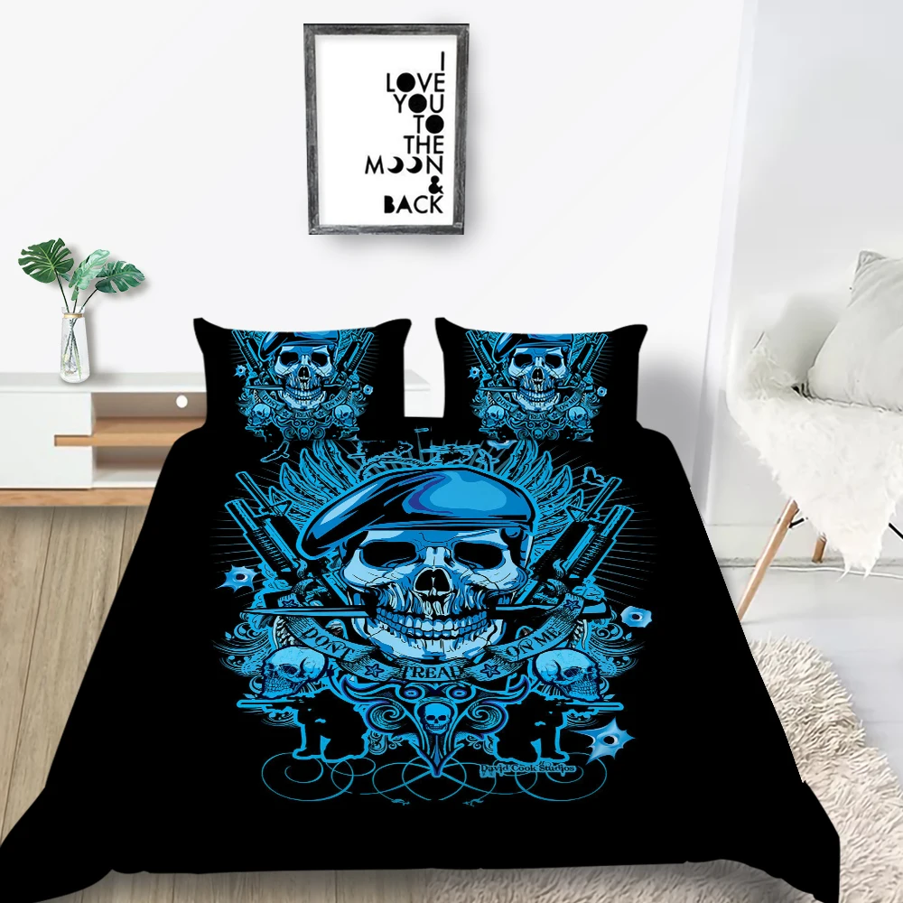 

Blue Skull Bedding Set Soldier Scary Fashionable 3D Duvet Cover Gun Queen King Twin Full Single Double Unique Design Bed Set