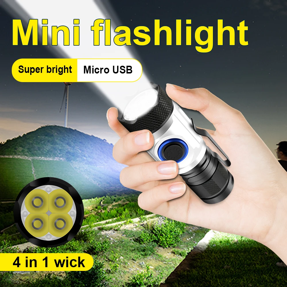200000Lumens Mini Flashlight usb 4XPG Cree LED torch lanterns camping 18350 or 18650 charger flashlights for fishing mini light