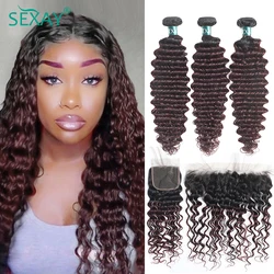 Sexay Deep Wave Bundles With Closure 3/4 Pcs Burgundy Peruvian Human Hair Lace Frontal 99J Bundles With Closure Deep Curly Wave