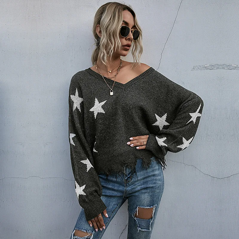 Loose Hipster Women Knit Cool Sweater 2020 Winter Lady Pullover Star Tassel Sweaters Knitted Batwing-long-sleeve Top Dark Gray
